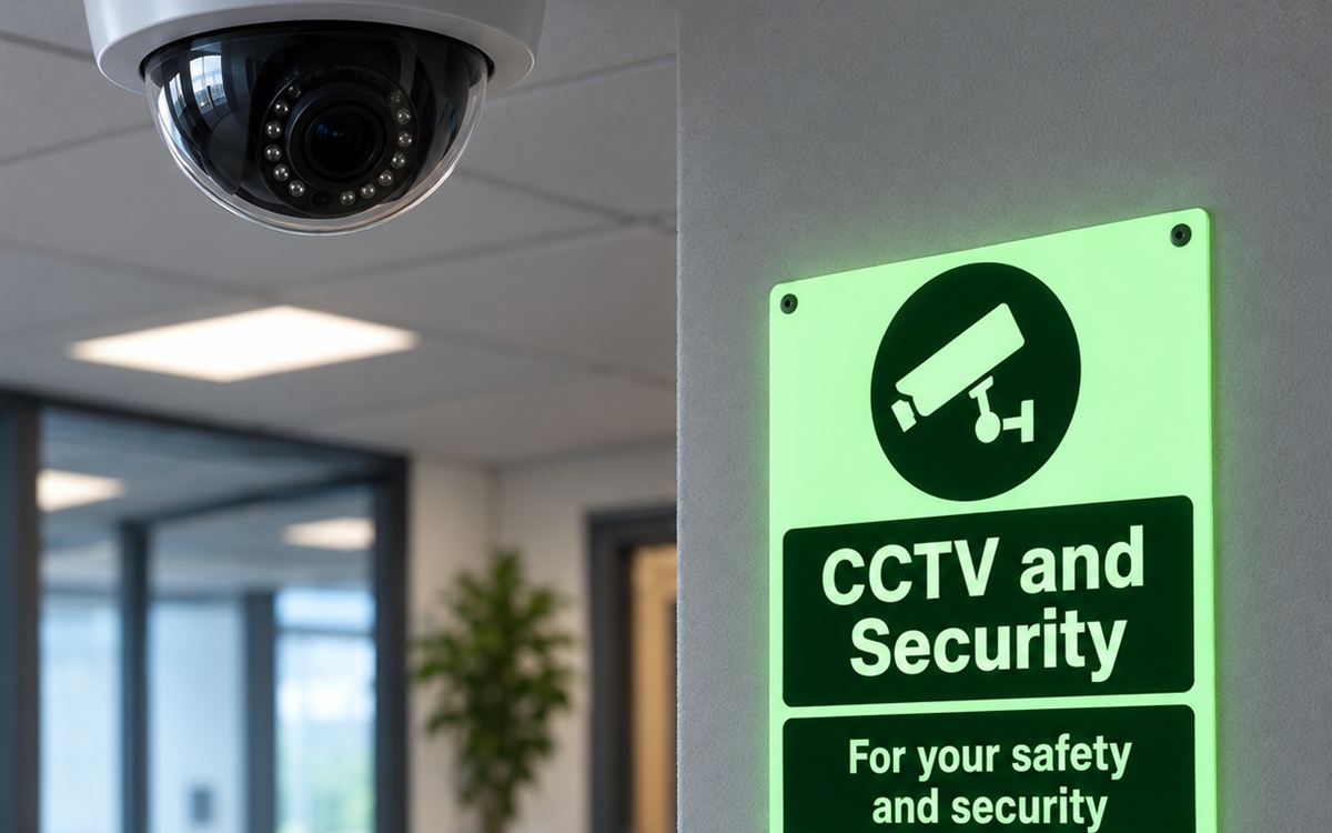 Dome CCTV camera on an office ceiling beside a CCTV and Security sign