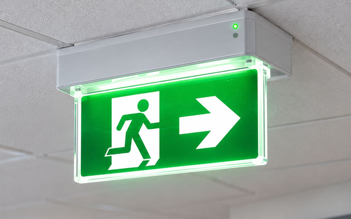 Illuminated green emergency exit sign hanging from an office ceiling