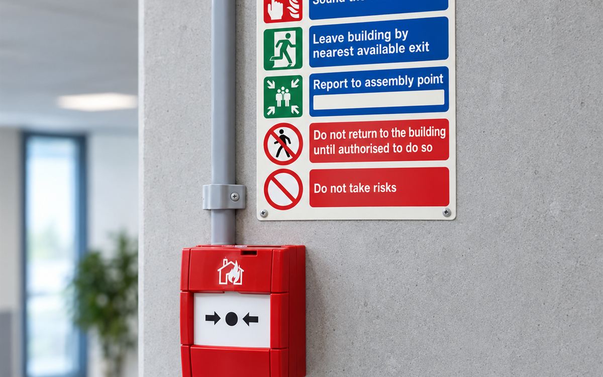 Red manual call point beside a Fire Action notice on a concrete wall