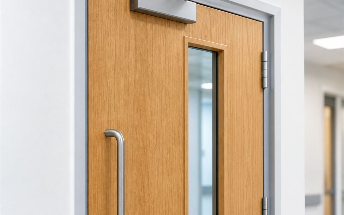 Oak-veneer fire door with vision panel, pull handle and overhead door closer