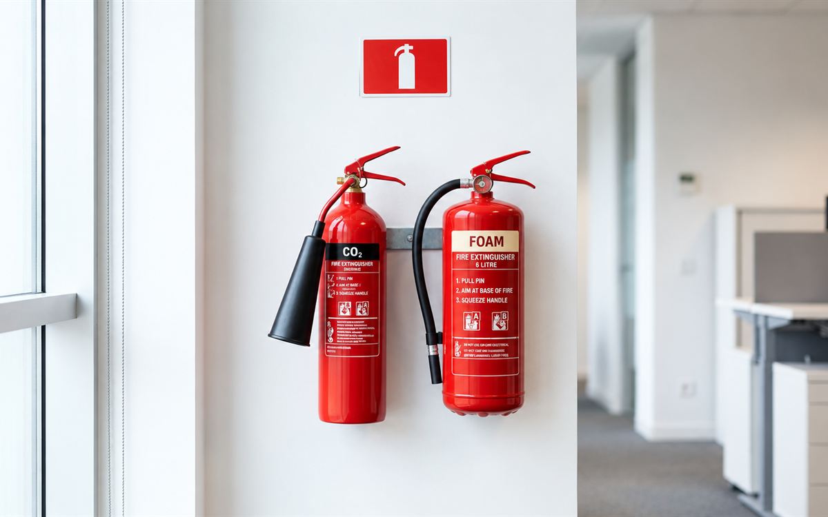 CO2 and foam fire extinguishers wall-mounted beneath an extinguisher sign in an office